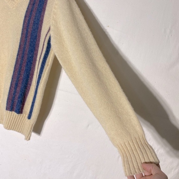Vintage Wolsey Cream Purple Blue Wool Knit Pullover V Neck Sweater S - Picture 3 of 14